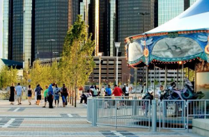 Detroit’s Rivard Plaza is home to many of the east riverfront’s most popular highlights, including the Cullen Family Carousel. PHOTO CREDIT: Detroit RiverFront Conservancy