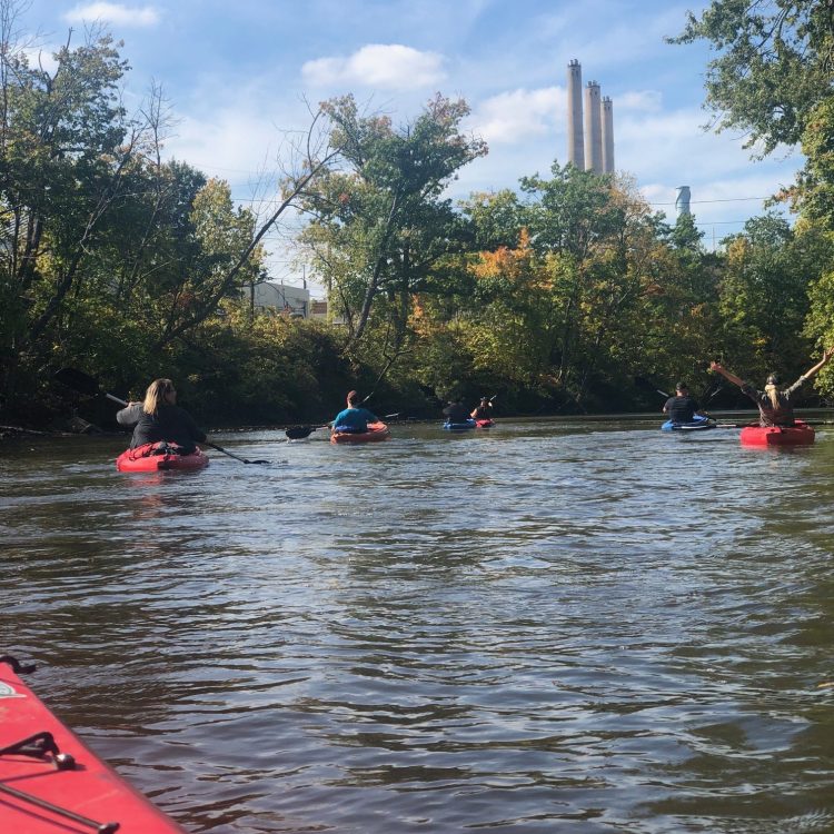 A first-person view, paddling down the Grand River in a kayak